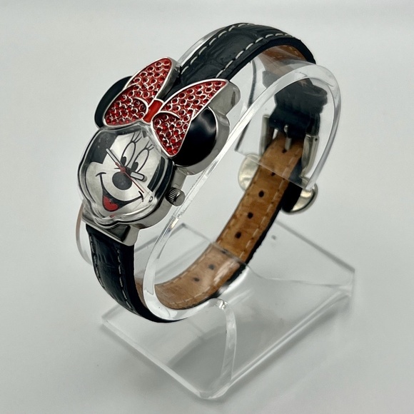 Disney Vintage Happy Minnie Mouse Red Stone Ears Watch Working - Picture 5 of 9